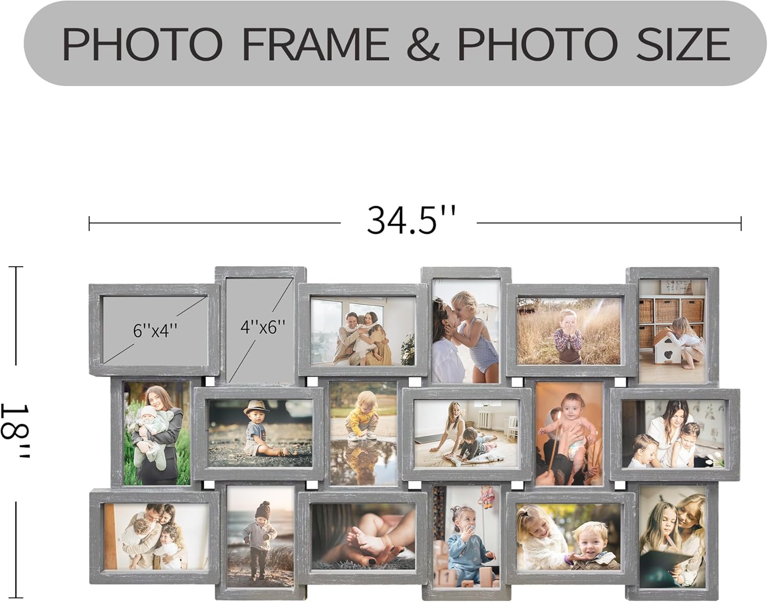 HELLO LAURA - 4x6 Picture Frame Collage With 18 Openings for Wall - Large Photo Frame Collage Wall Decor for Living Room Bedroom - Elegant Grey
