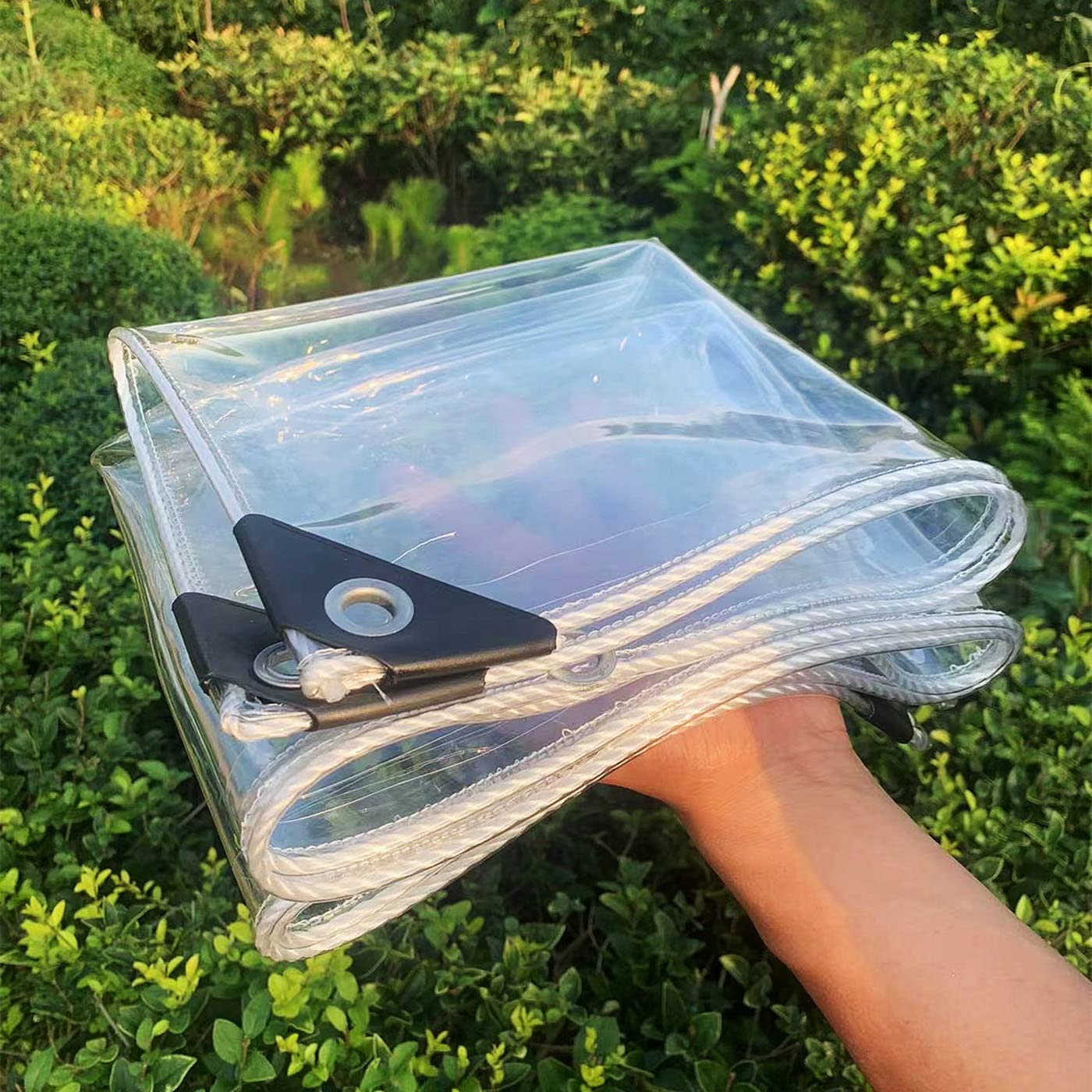 Lona transparente con ojales PVC evita lluvia y viento en plantas o muebles de terraza