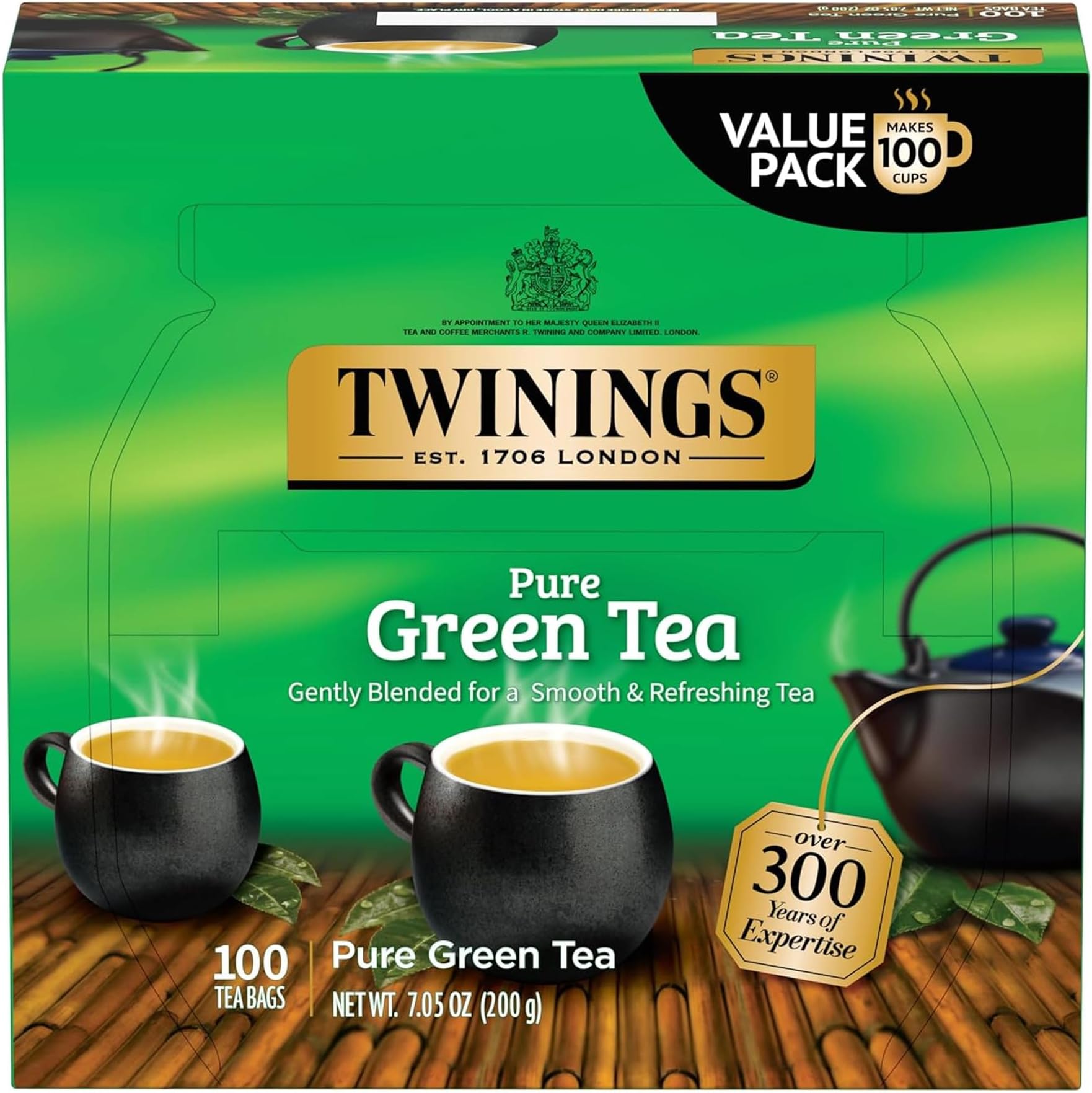 Twinings Pure Green Tea Individually Wrapped Bags, 100 Count (Pack of 1), Smooth & Refreshing, Caffeinated, Enjoy Hot or Iced, 100 Teabags