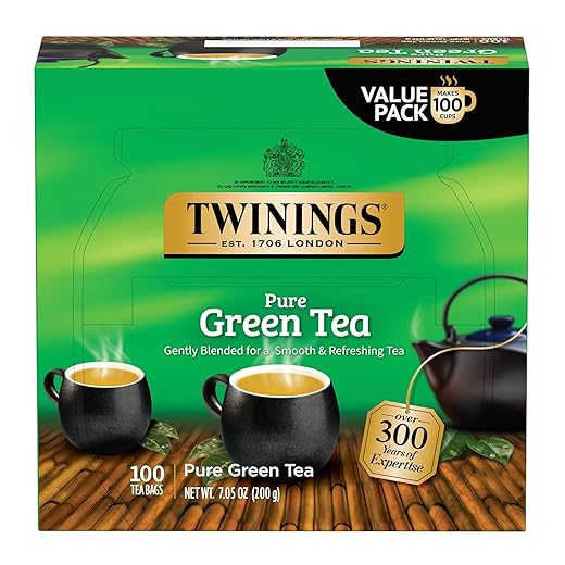 Twinings Pure Green Tea Individually Wrapped Bags, 100 Count (Pack of 1), Smooth & Refreshing, Caffeinated, Enjoy Hot or Iced, 100 Teabags