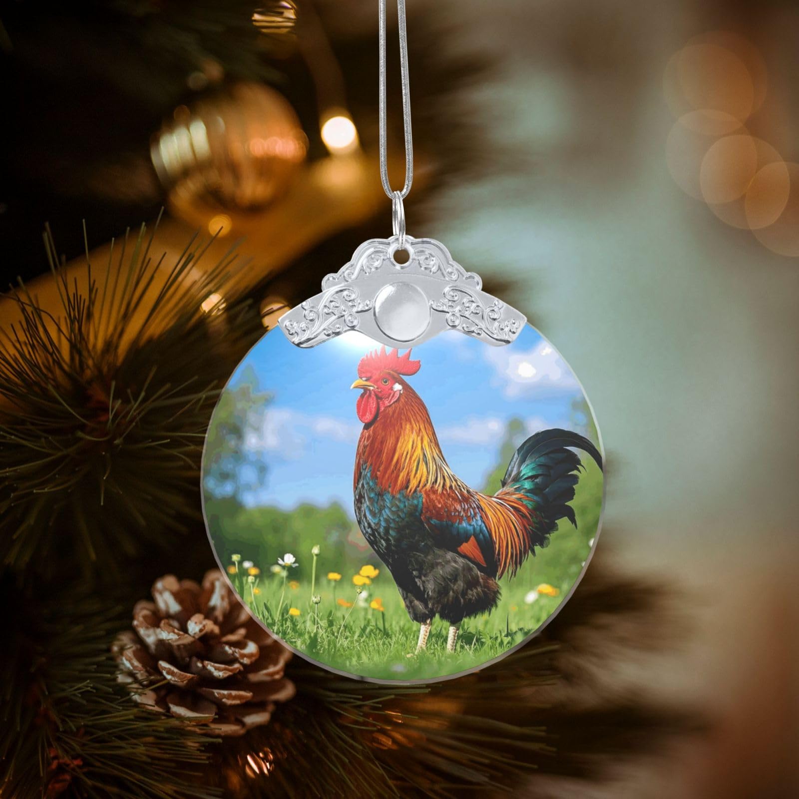Crystal Christmas Ornaments for Christmas Tree Decoration Hanging Rooster Ornament with Gold Ribbon Crafts Round Pendant for Keepsake Gifts Glass Xmas Decor Party Supplies