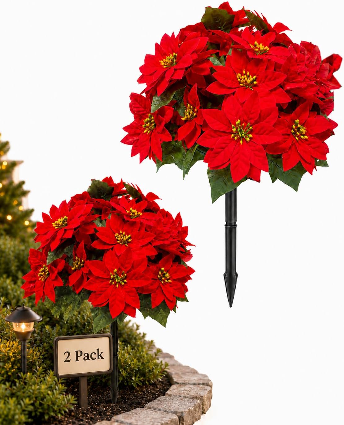 2 Pack Poinsettia Flowers Artificial, 22.83-Inch Christmas Flower Stakes