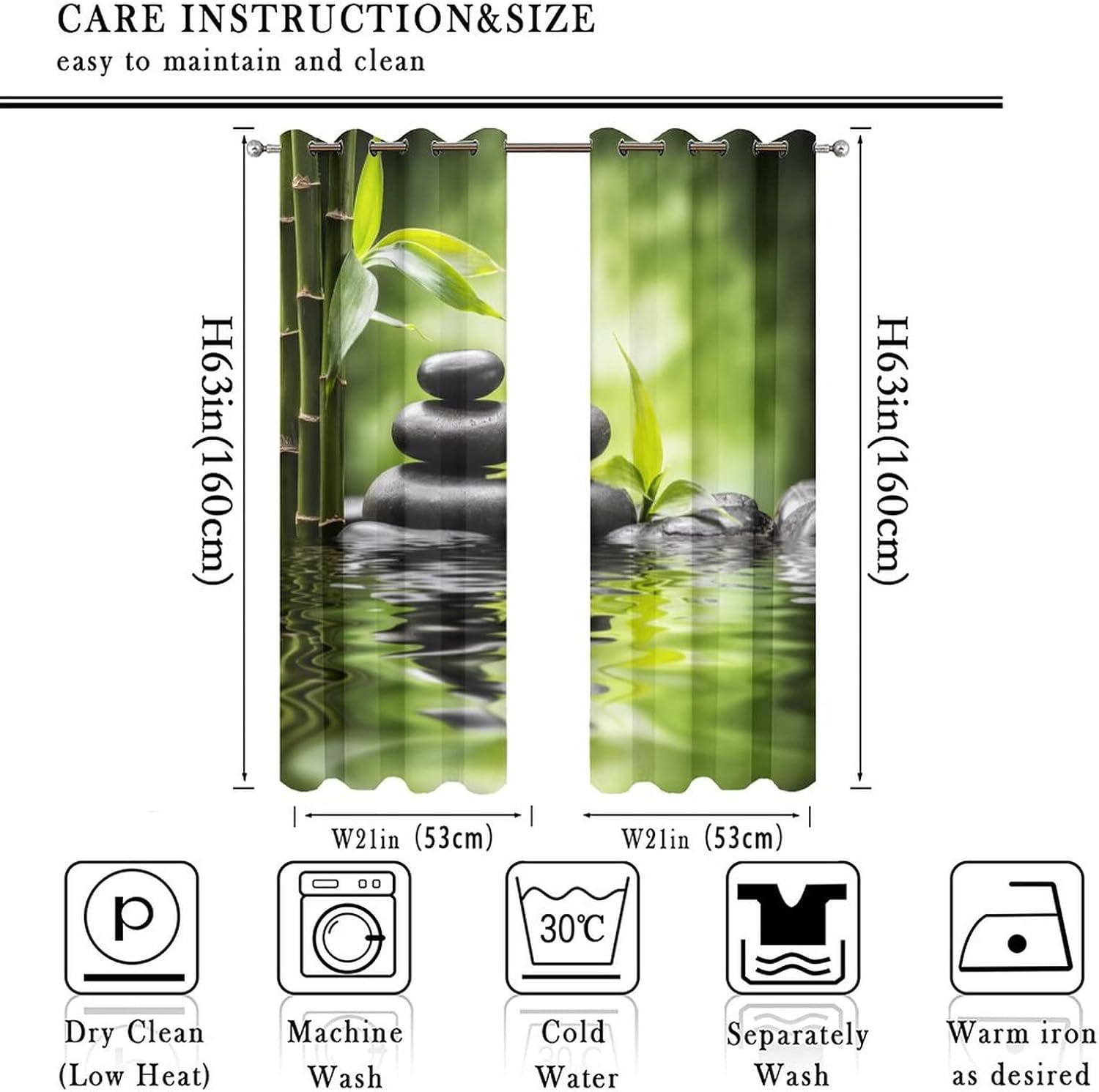 Zen Bamboo Print Curtains - Zen Spa Basalt Stones Japanese Garden Theme Thermal Insulated Blackout Curtains - Grommet Top Window Treatment Drapes for Bedroom 63L x 21W,2 Panels