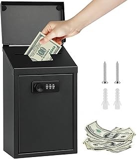 Spendenbox Metall Abschließbar, Geldkassette Wandmontage mit Zahlenschloss | Schlüsselbox für Außenbereich, Sicherer Briefkasten Vorschlagsbox mit Einwurfschlitz, Schwarz, Wetterfeste 25.5 x 14.5 x 8cm
