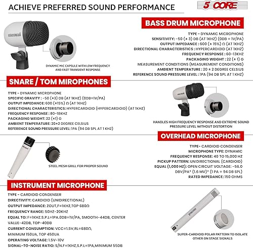 Miniatura 30 de 5 CORE Kit de micrófono de batería de 7 piezas All Metal Drummer Mics Tom/Snare & Cymbals Professional Wired Instrument Drums Set Microfonos Incluye