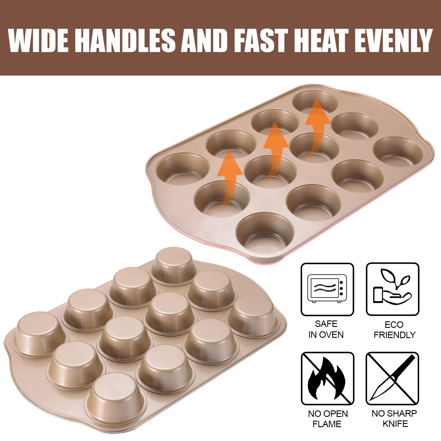Antihaft-Muffinform 12, große Cupcake-Pfannen zum Backen, Muffinform für den Ofen, 2er-Pack, 12 Tassen, Gold