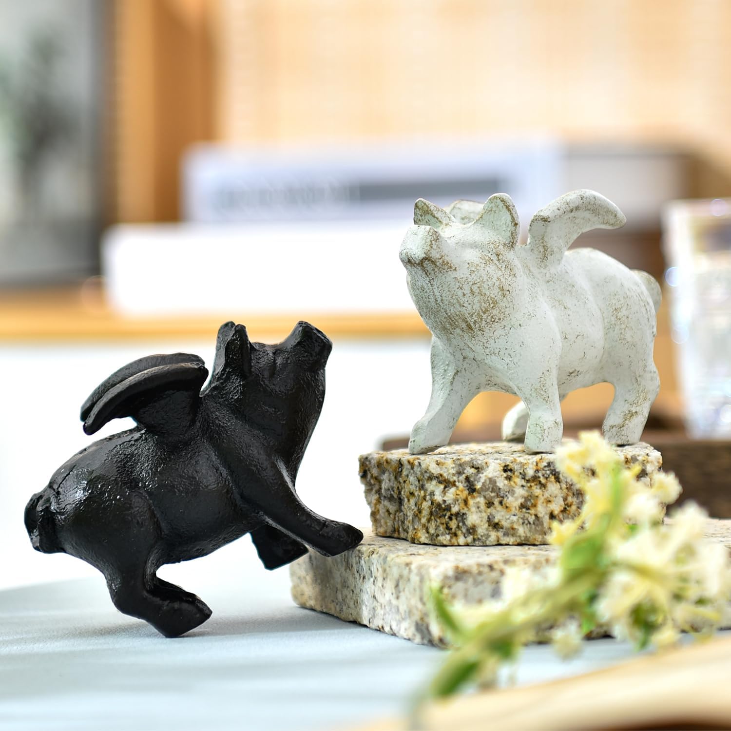 Sungmor Whimsical Cast Iron Flying Pig Statue, 2pcs Rustic Black Cute Little Piggy Paperweight, Garden Collection Figurine Home Office Desk Ornament, Indoor Outdoor Animal Statues - Image 7