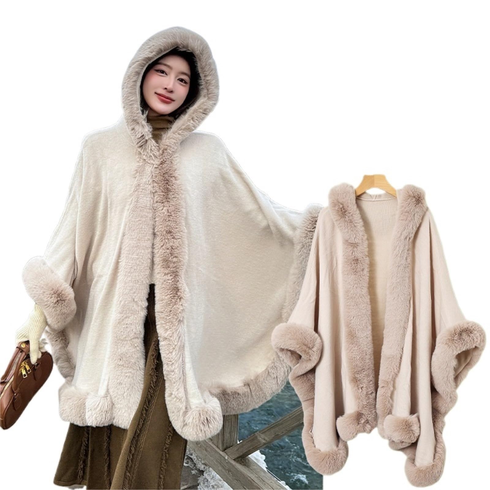 Manteau Cape Tricoté À Capuche for Femme, Poncho De Mariage en Fausse Fourrure Châle Écharpe Cardigan Surdimensionné Tendance for L'automne Et l'hiver
