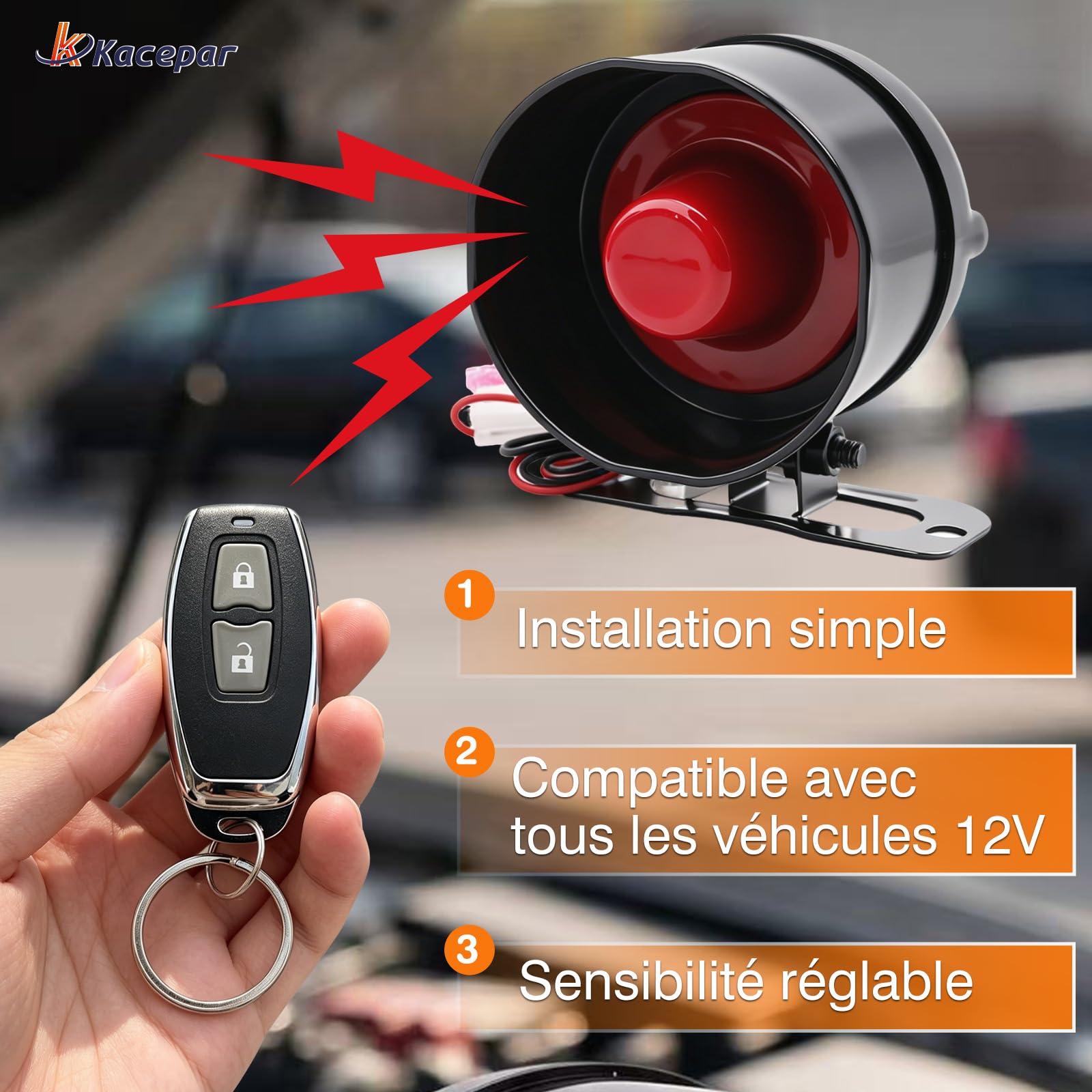 Alarme Voiture Universelle 12V, Kacepar Système Antivol avec Détecteur Security Protection Anti-Theft Kit, avec 2 télécommandes et 1 sirène de klaxon, CW-8110