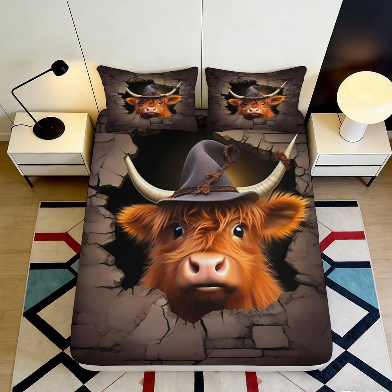 3D Printed Highland Cow Fitted Sheet Microfiber Soft Breathable Bull Pattern Bed Cover for Bedroom Dormitory Guest Room Mattress Protection Decor 160x200x25cm