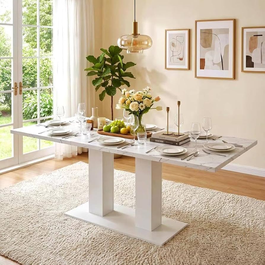 Merax Ausziehbarer Esstisch 140/180 x 70 cm, rechteckiger Esstisch mit doppelten Säulenbeinen, ausziehbarer Küchentisch für 6–8 Personen, Stabiler Esszimmertisch, Weiß Küche, Haushalt & Wohnen