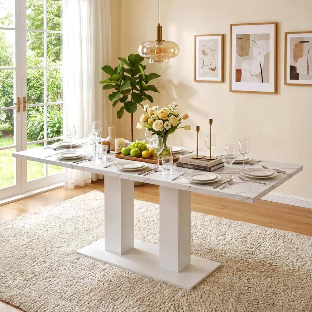 Merax Ausziehbarer Esstisch 140/180 x 70 cm, rechteckiger Esstisch mit doppelten Säulenbeinen, ausziehbarer Küchentisch für 6–8 Personen, Stabiler Esszimmertisch, Weiß Küche, Haushalt & Wohnen
