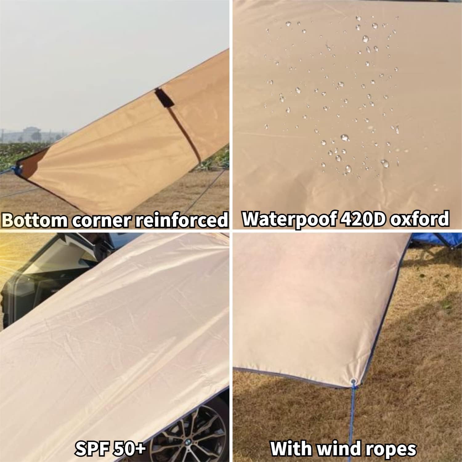 DANCHEL OUTDOR Car Camping Awning with Side Wall Extensions Overlanding Accessories Pull-Out Roof Rack Awning for SUV Truck Van(Khaki 6.5x9.8ft+2pcs 9.8x6.5ft)