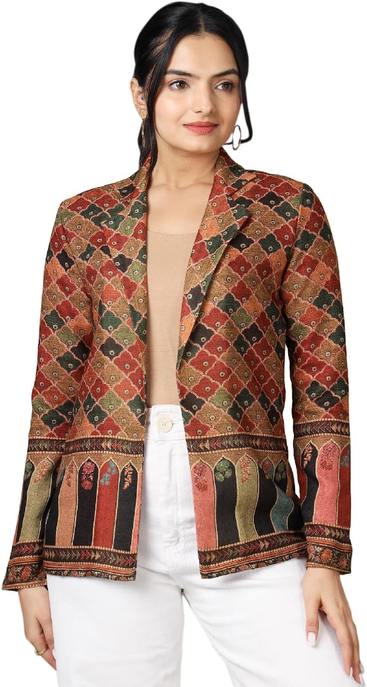 Fabcurate Ethnic Jacket for Women Brown | Notched Collar with Full Sleeves Pashmina Jacket for Ladies | Fashionable Casual Wear