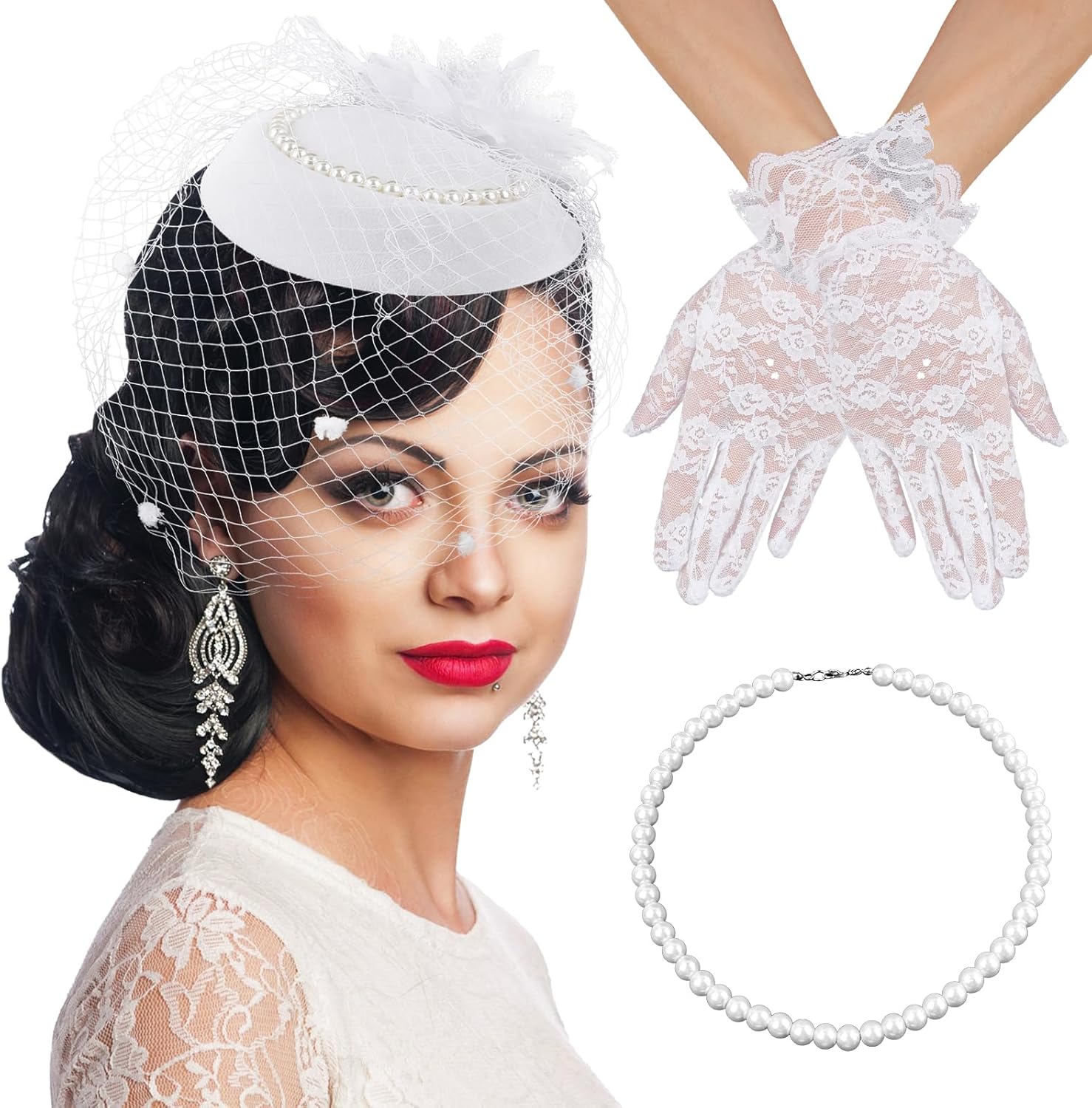 3 Pieces Fascinator Hat for Women Tea Party Hat and Gloves Set for Women White Fascinator Hats