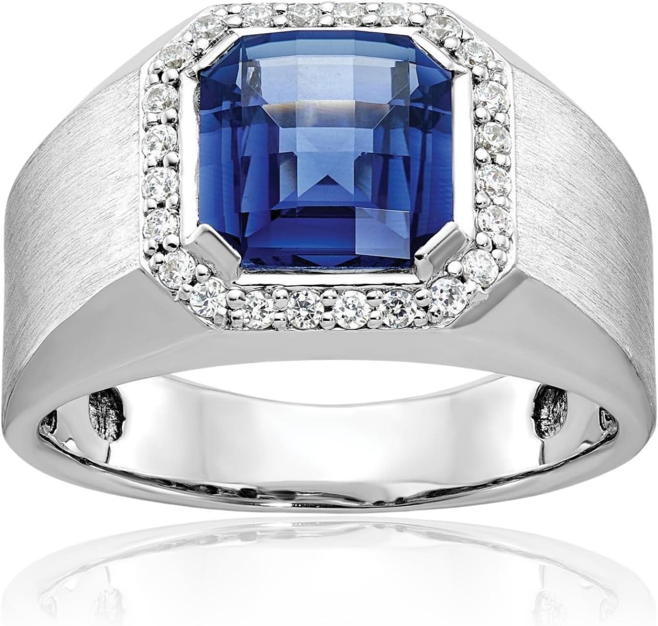 IceCarats 14K Solid White Gold 0.36 carat Blue Sapphire Diamond Extra Wide Statement Halo Ring 13.21mm Band Asscher Cut, Natural, Prong Set, Brushed