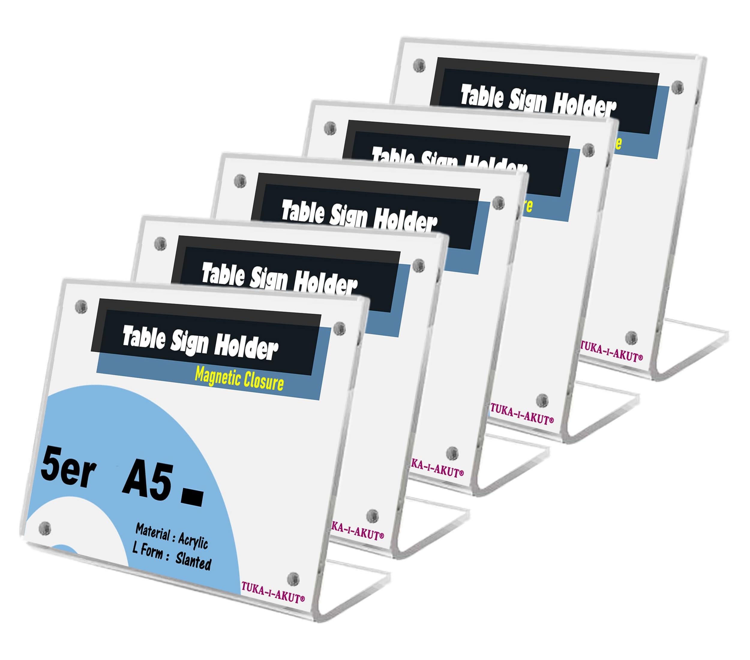 TUKA-i-AKUT 5X A5 Orizzontale Supporto da Tavolo Acrilico, Chiusura Magnetica, Inclinato Forma L, Porta-Menu Espositore da Banco per Pubblicitario Carta Brochure Foto Cartellino Menu, TKD8242-A5-5x