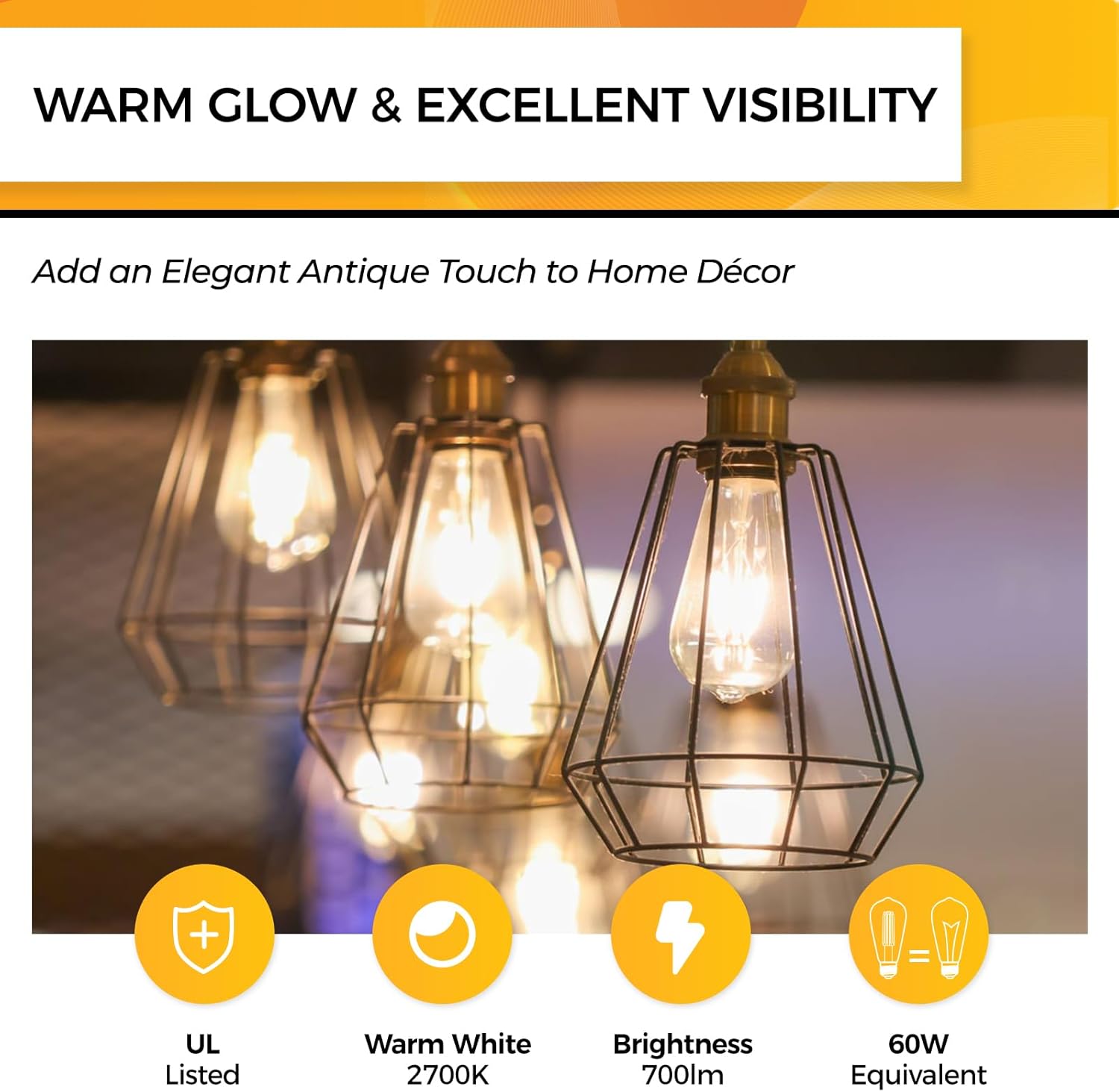 hizashi vintage led edison bulb dimmable, 6w equivalent 60w, e26 base light bulbs, 2700k warm white, 700lm, high cri 95+ eye protection, clear glass, pack of 18 warm white 2700k 18 pack