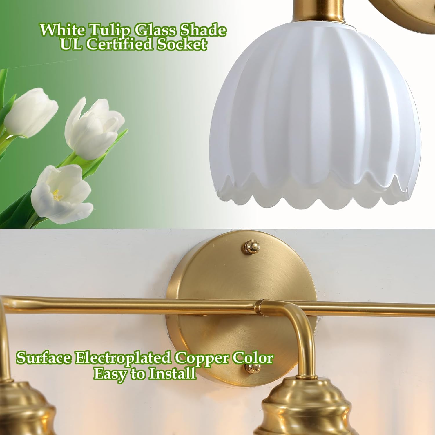 2 Light Vintage Bathroom Light Fixtures, Gold Bathroom Vanity Light, Brass Finish with White Tulip Glass Shade, Wall Lighting for Bedroom, Living Room, Hallway,E26 Base