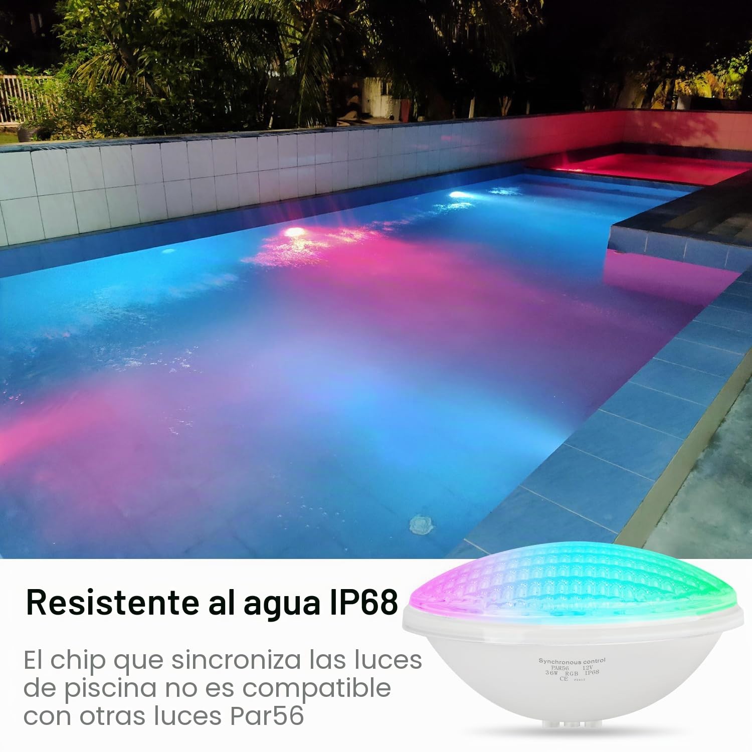 36W LED Foco de Piscina PAR56 RGB 12V Temporizador 2/4/6H Sincronizado Control Remoto IP68 Sumergible (2 Piezas)