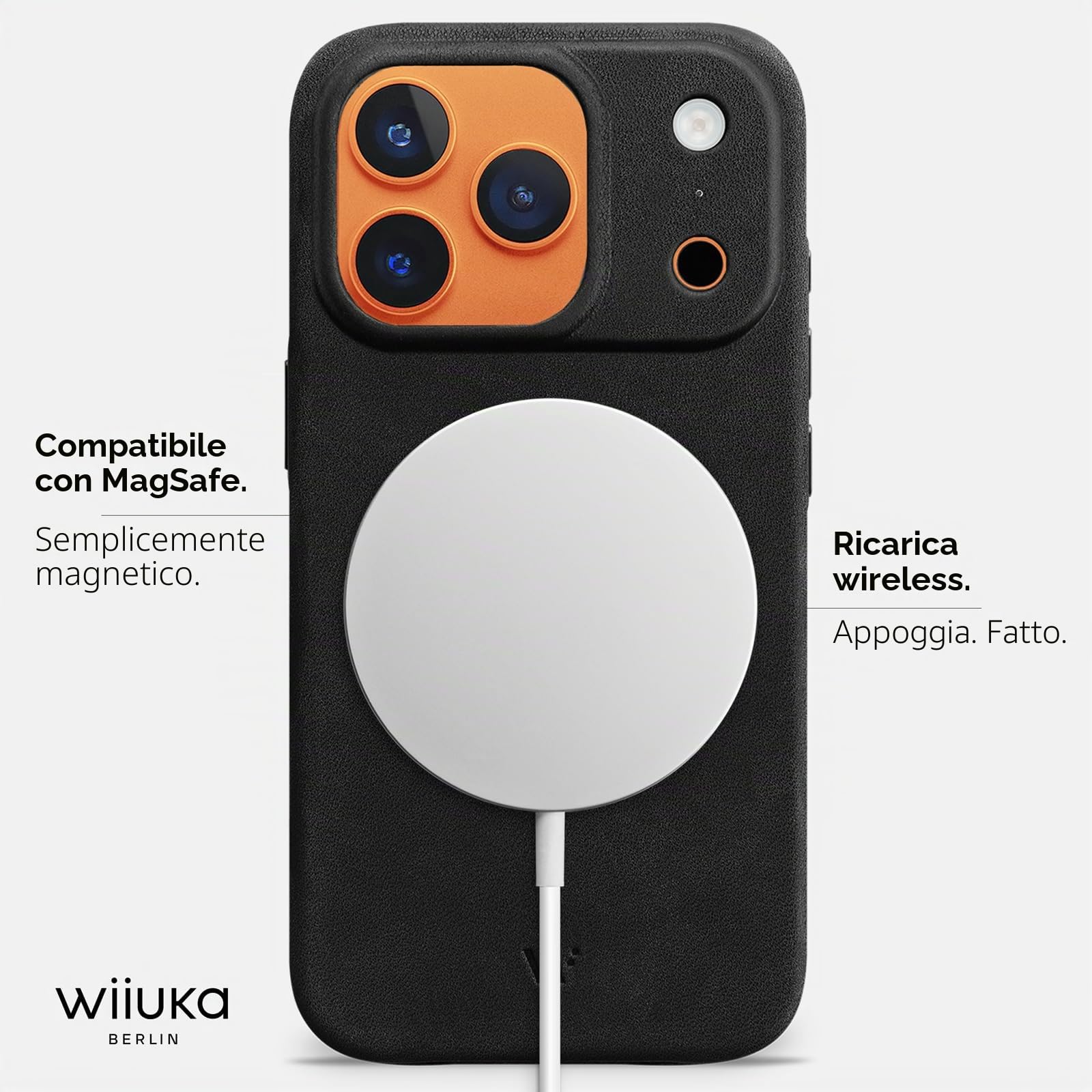 WIIUKA Custodia per iPhone 17 Pro Max, Pelle dalla Germania, Custodia in Pelle Extra Sottile, Custodia Premium per Smartphone, Case, Qi, skiin More, Vintage Nero