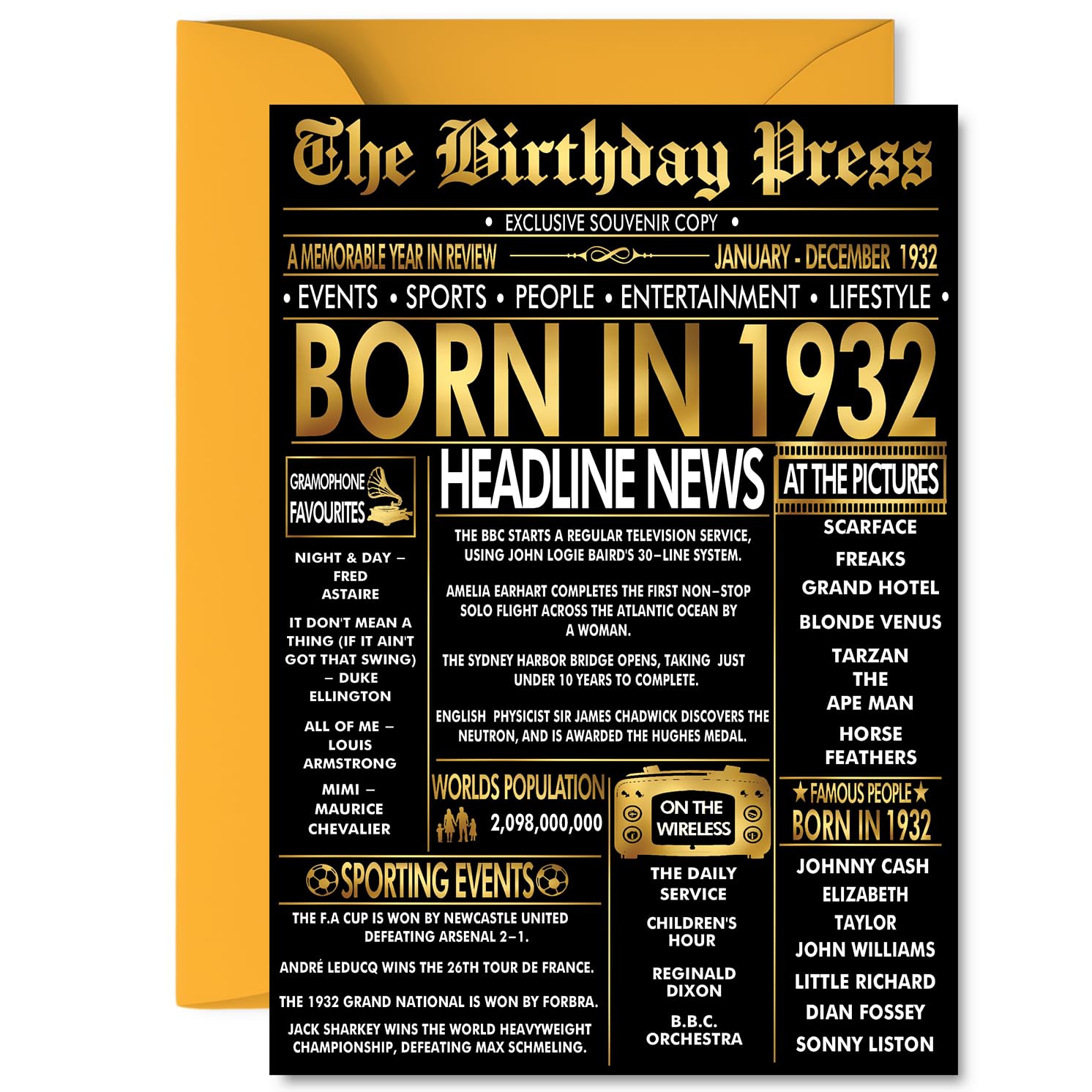 Gold 94th Birthday Card for Men Women - Black & Golden Newspaper Born in 1932 - Happy 94 Birthday Cards for Wife Nan Husband Auntie Grandma Grandad, A5 Bday Greeting Cards