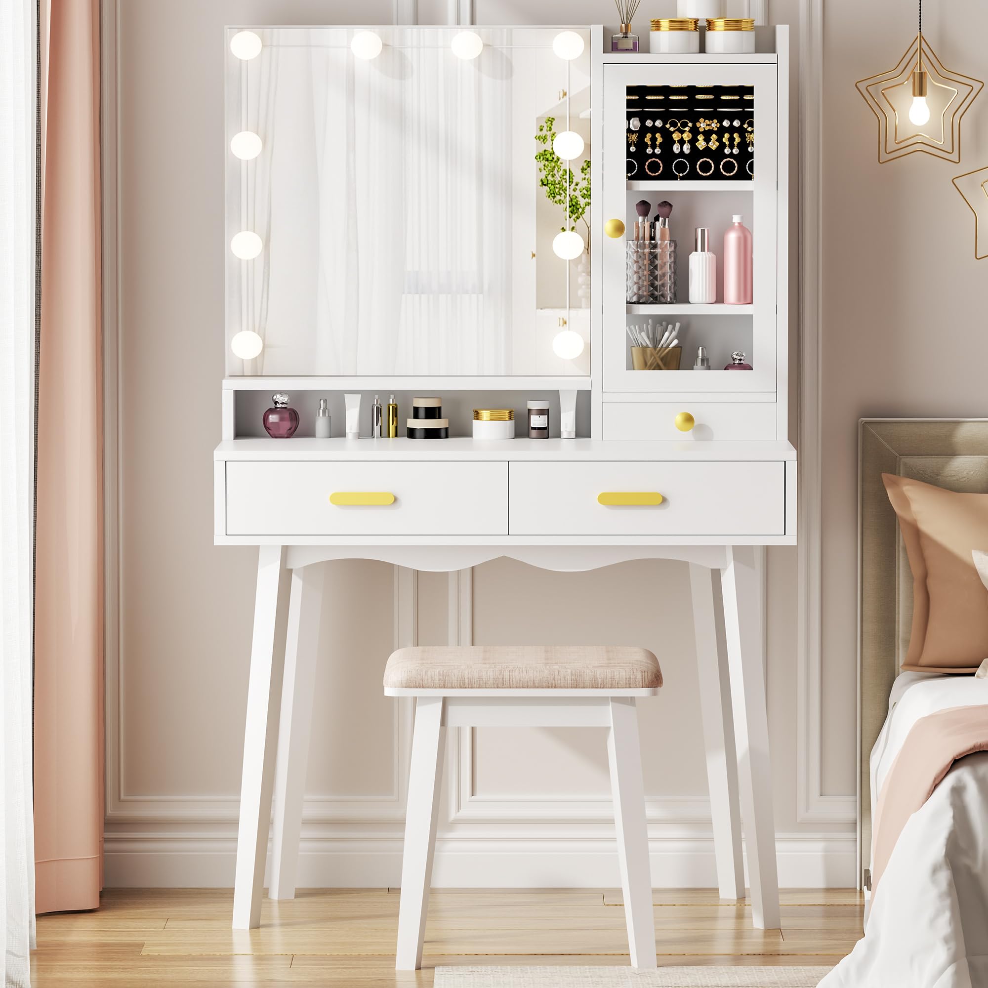 ANWBROAD Tocador de Maquillaje con luz y Taburete Tocador con Espejo en 3 Colore 10 Bombillas LED Iluminación con Espejo y Luces con Estante para Joyas para niñas Blanco BDT73W