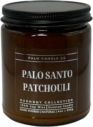 Palo Santo Pachuli Harmony Collection - Vela de soja de aromaterapia de 8 onzas eleva tu ambiente en casa y oficina, no tóxica, relajante en caja de