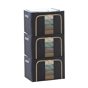 Foldable Blue Dot Steel Frame Clothes Organizer Storage Box for Wardrobe, Saree, Shirts, and Blankets (Pack of 3)