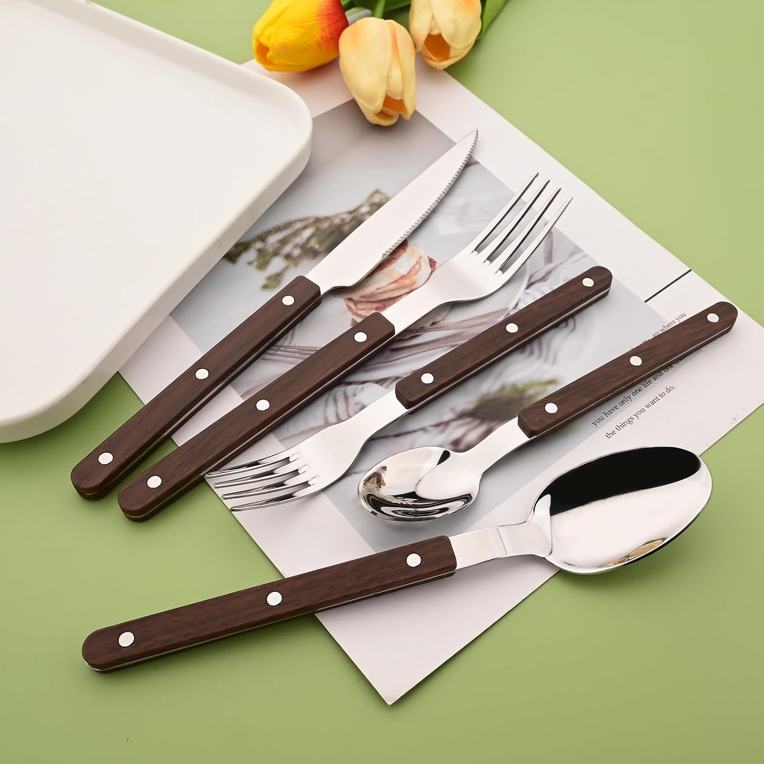 20 Pieces Forged Silverware Set for 4, Stainless Steel Wooden Grain Handle Flatware Cutlery Set, Tableware Eating Utensils for Home Kitchen Restaurant Party, Dark Brown Handle