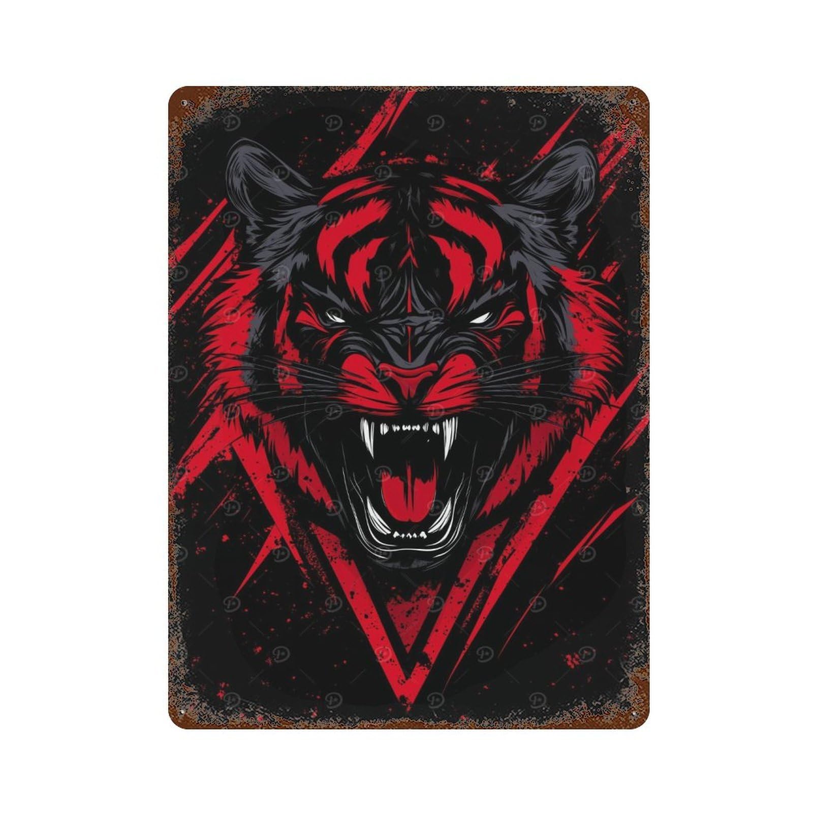 Red And Black Tiger Illustration Aged Metal Wall Plaque 15.7"x11.8", Farmhouse Wall Decor for Office, Studio And Wall Decor