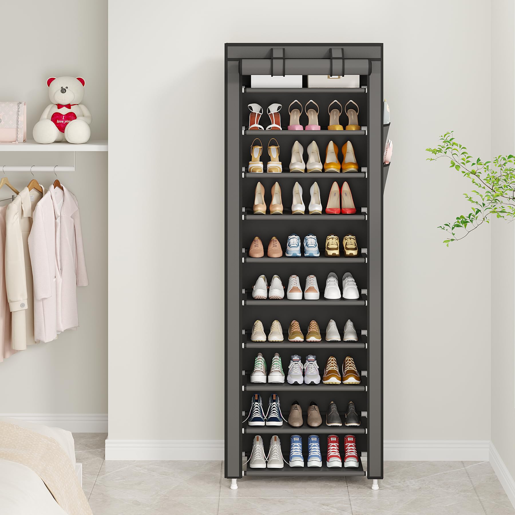 UDEAR Freistehendes Schuhregal mit 10 Ebenen, stabiles Schuhregal, Organizer für Schrank, Eingang, stapelbares Schuhregal mit staubdichter Abdeckung, Grau