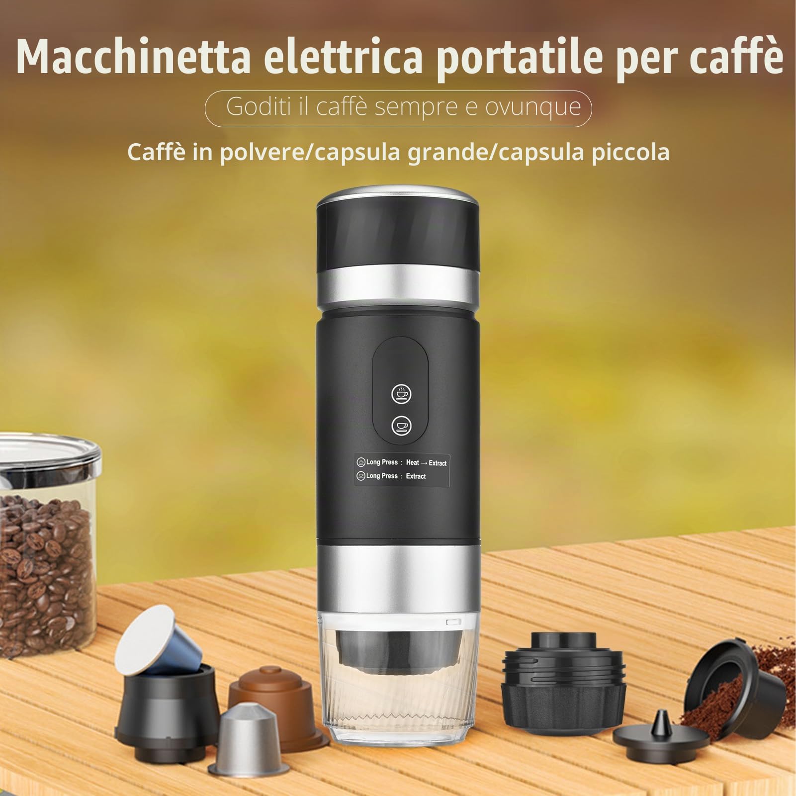 Macchina per caffè espresso elettrica portatile, Macchina da caffè 3 in 1, Compatibile con Piccole Capsule, Grandi Capsule e Caffè macinato, per viaggi, campeggio e auto(Nero)