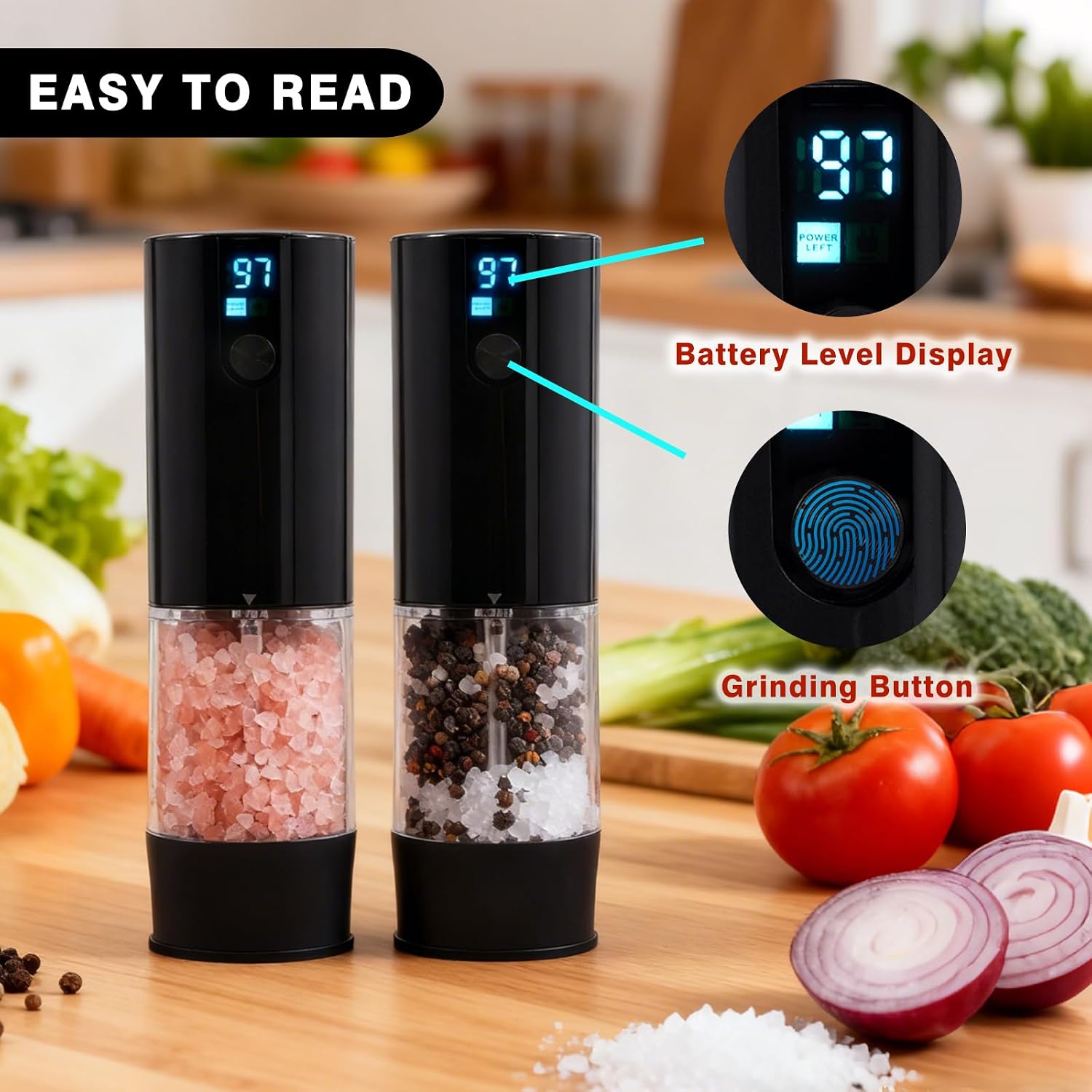 Fresh World 2Pack Electric Salt and Pepper Grinder Set Rechargeable with LED Light, Adjustable Coarseness Large Capacity Automatic Salt Pepper Mill Grinder for Kitchen, Restaurant, Outdoor, Black