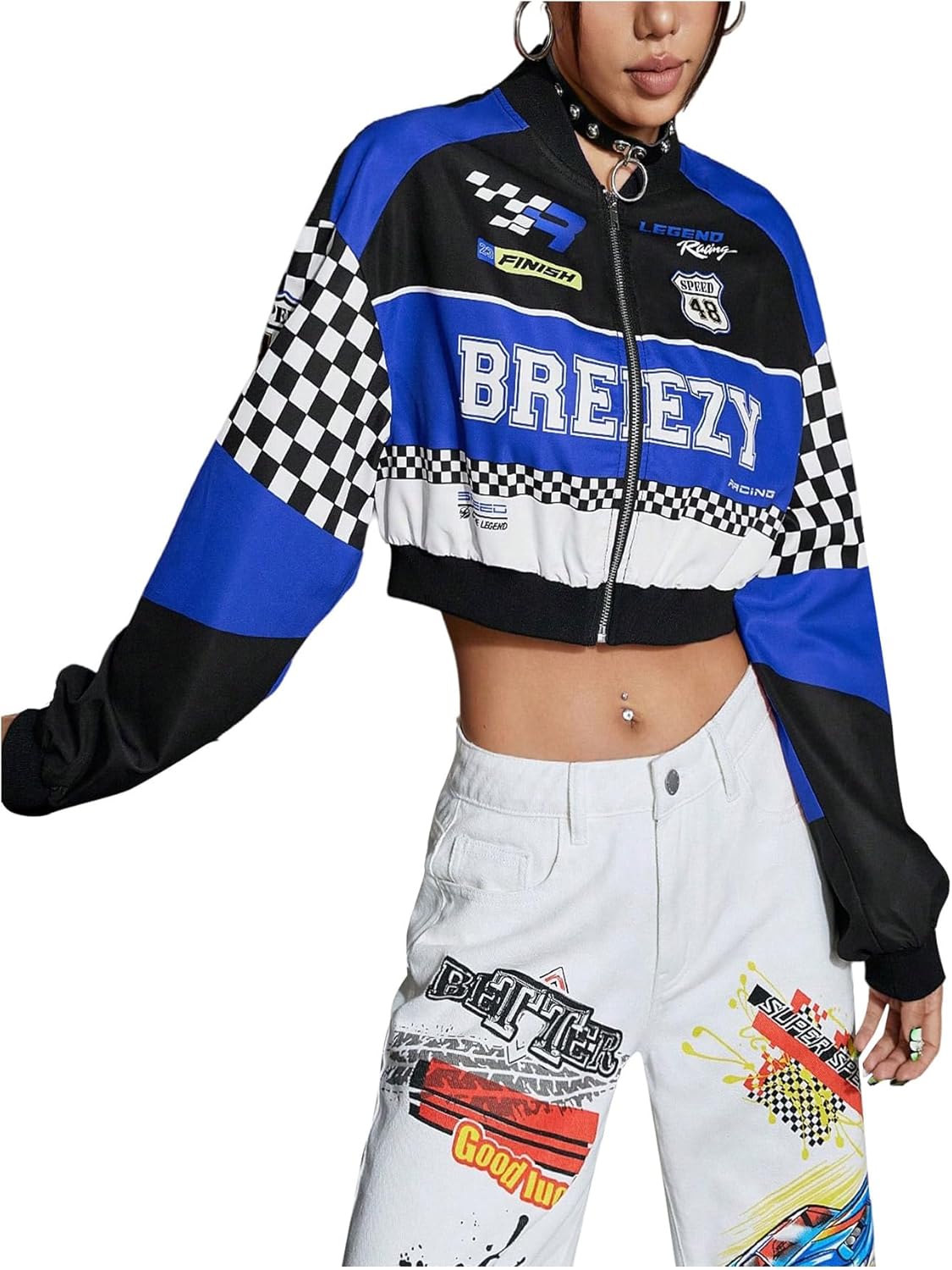 Verdusa Women's Plaid Colorblock Cropped Motorcycle Jacket Hip Hop Streetwear Zip Up Outerwear
