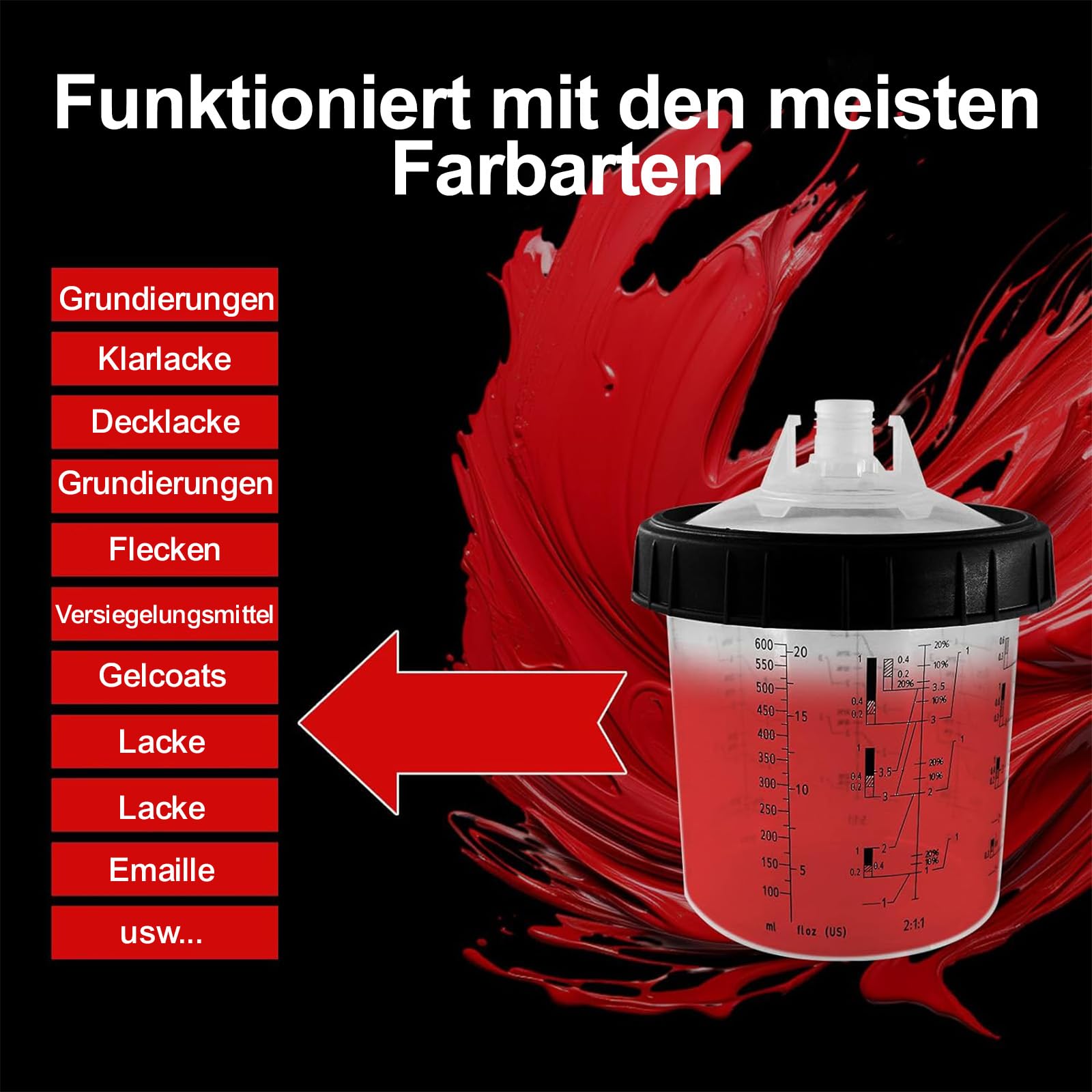 RRJ Juego de 50 vasos y tapas para pistolas de pintura desechables de 600 ml, sistema de pintura para pistolas de pintura HVLP y LVLP, 1 vaso duro con anillo de soporte y 20 tapones de cierre, 2