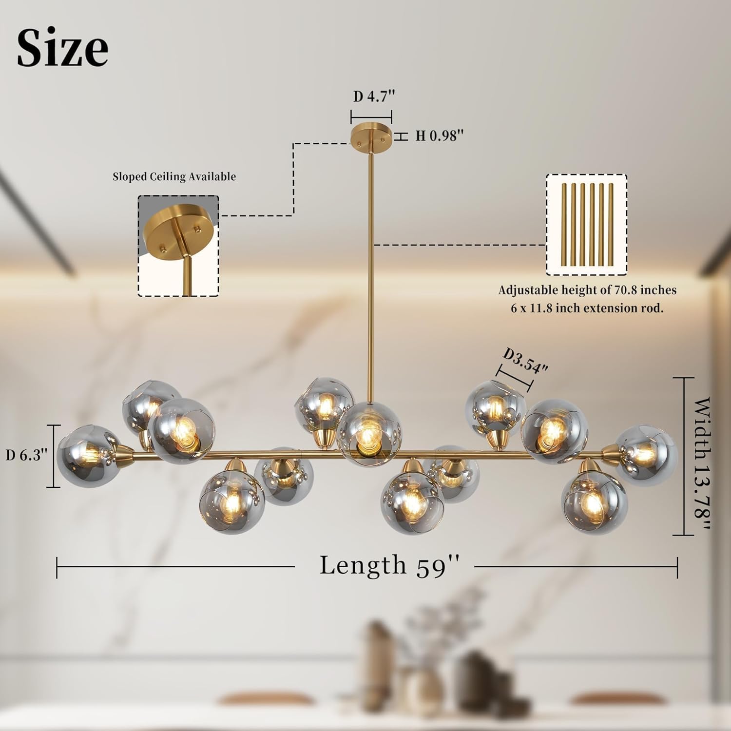 Linear Chandelier for Dining Room Black and Gold Linear Chandelier 13-Lights Sputnik Pendant Light wiht Open Glass Globe Shades, Island Light for Kitchen, Farmhouse, Living Room, Dia 59 Inch