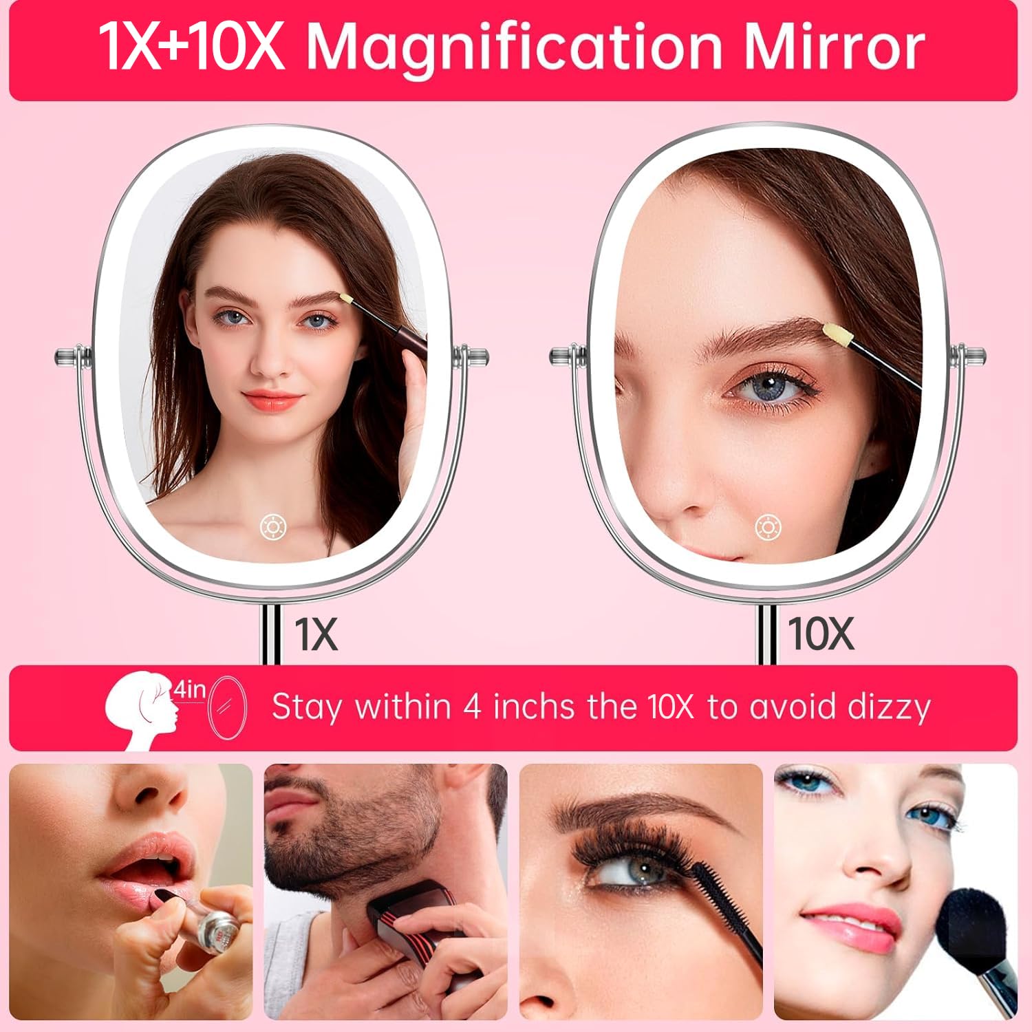 Specchio da trucco ricaricabile con luci, specchio illuminato con ingrandimento 1X 7X, specchio da tavolo da 9 pollici HD a doppio lato con ingrandimento da tavolo, specchio cosmetico a 3 colori LED