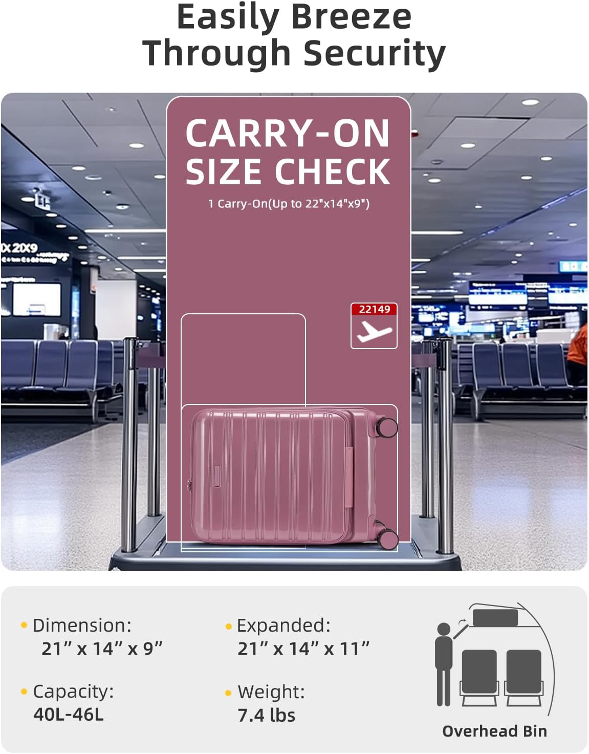 LARVENDER Carry On Luggage 22x14x9 Airline Approved, 20 Inch Expandable PC+ABS Hardside Carry On Luggage with Front Pocket Spinner Wheels TSA Lock for Women Men (Silk Rose)