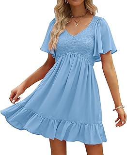 Women's Flowy Casual Mini Dresses 2025 Summer Graduation Smocked V Neck Vacation Dress Dress with Pockets - Buy now
