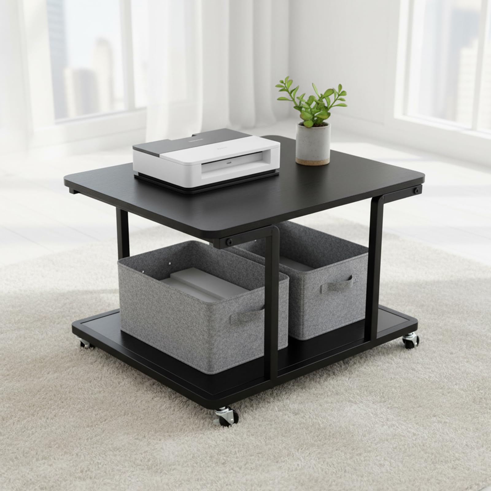 Druckertisch mit Rollen, 61 × 51 × 38 cm Druckerständer 2 Ebenen Büroregal Druckerwagen Scanner Tisch Stabil Metall für Homeoffice Küche Schwarz