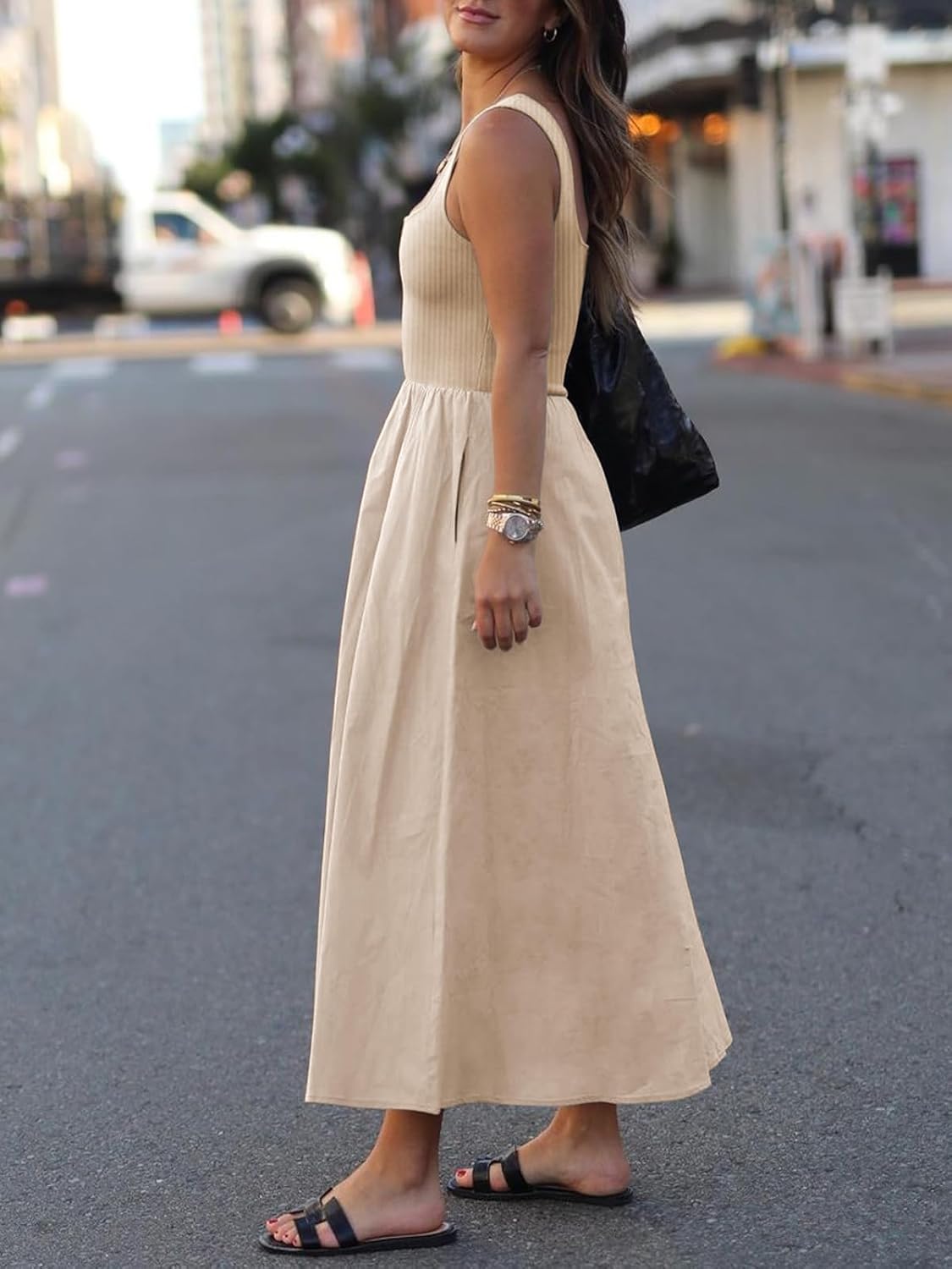 Women's Maxi Dress Summer Sleeveless Swing Sundress Casual Loose Tank Long Dresses with Pockets Beige XL - Image 2