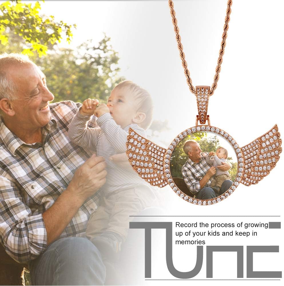 Angel Wings Necklace With Picture Inside Custom Picture Necklace Personalized Photo Pendant For Men Women 18K Gold Plated Customized Memorial Chains CZ Silver Diamond Rip Necklaces Birthday Gifts