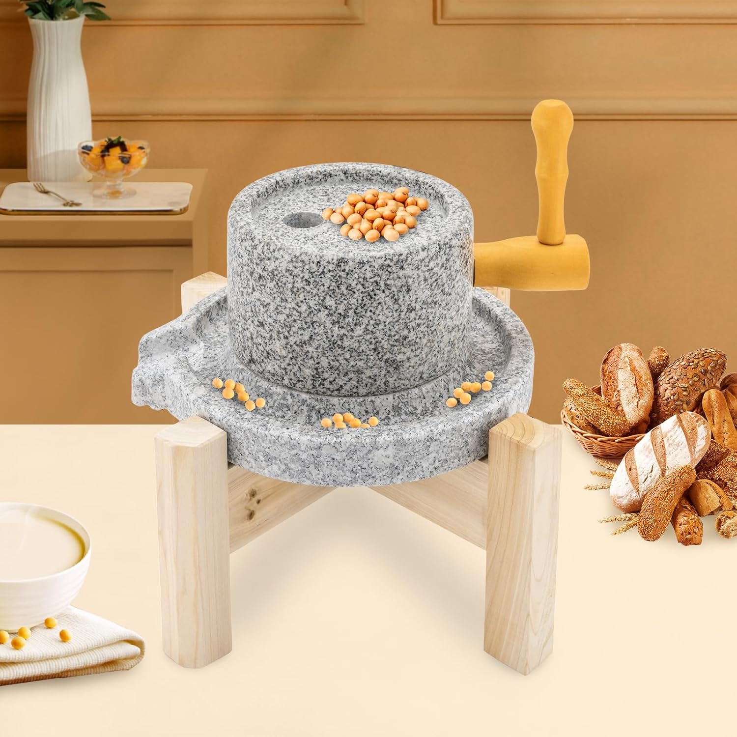 Stone Grain Mill, Manual Stone Mill Grinder Natural Original Tofu Soymilk Sesame Beans Granite Stone Mill for Soy Milk, Flour, Coffee, Traditional Hand Crank Grain Mill for Wet & Dry Grinding