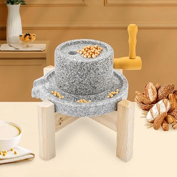 Stone Grainer Mill with Wooden Frame, Natural Granite Handmade Stone Mill Dry/Wet Hand Grain Mill Grinder for Spice Barley Soybean Classic Rice Pastewheat