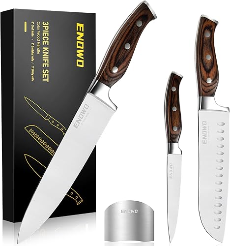 enowo Juego de cuchillos de cocina ultra afilados de 3 piezas juego de cubiertos de acero inoxidable alemán de alta calidad con agujero revestido de