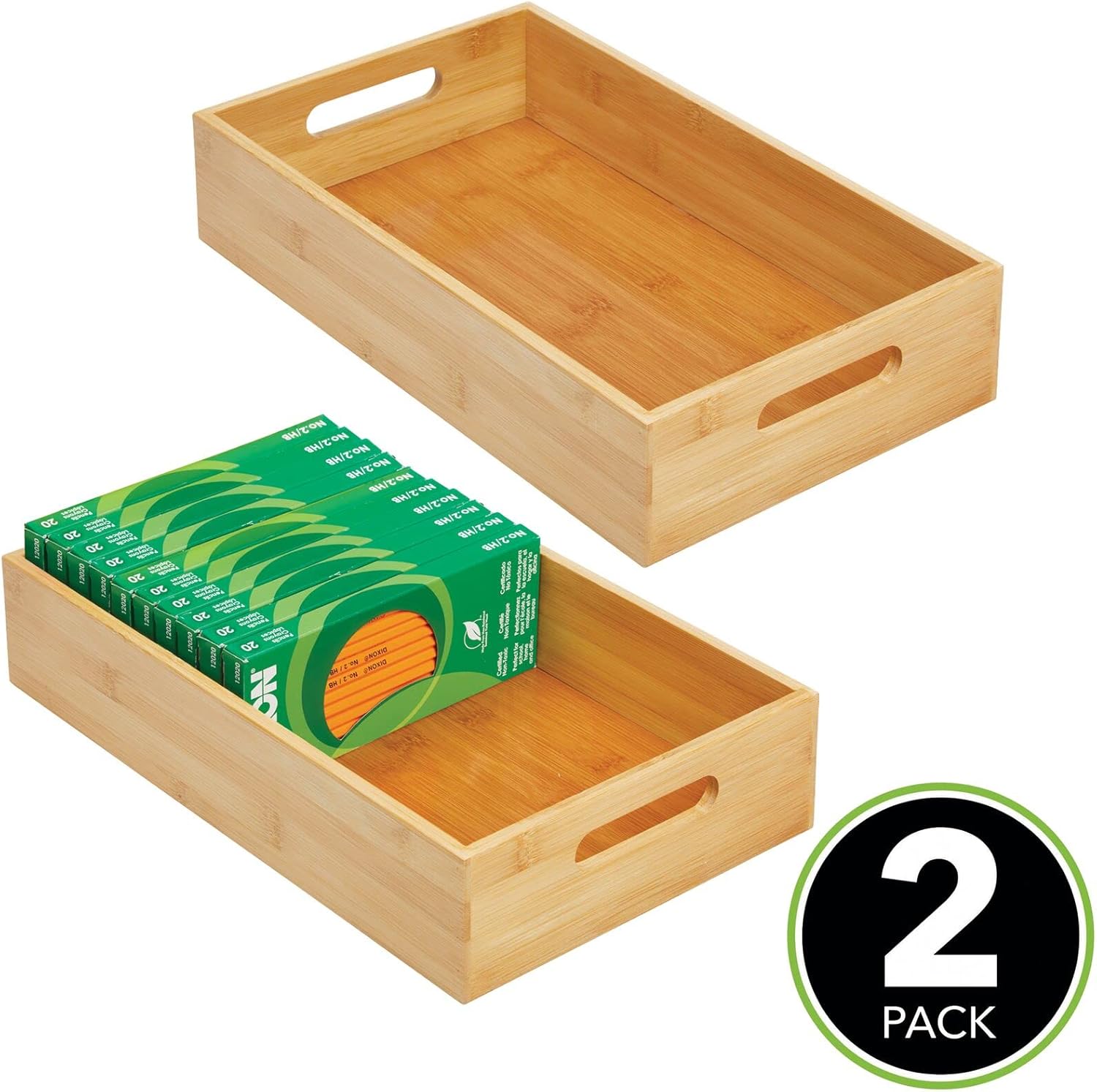 mDesign Wide Bamboo Office Desk Drawer Organizer Tray Bin with Handles - Organizer for School Supplies, Pens, Pencils, Notepads, Staplers, Envelopes - Echo Collection, 2 Pack, Natural Wood Finish