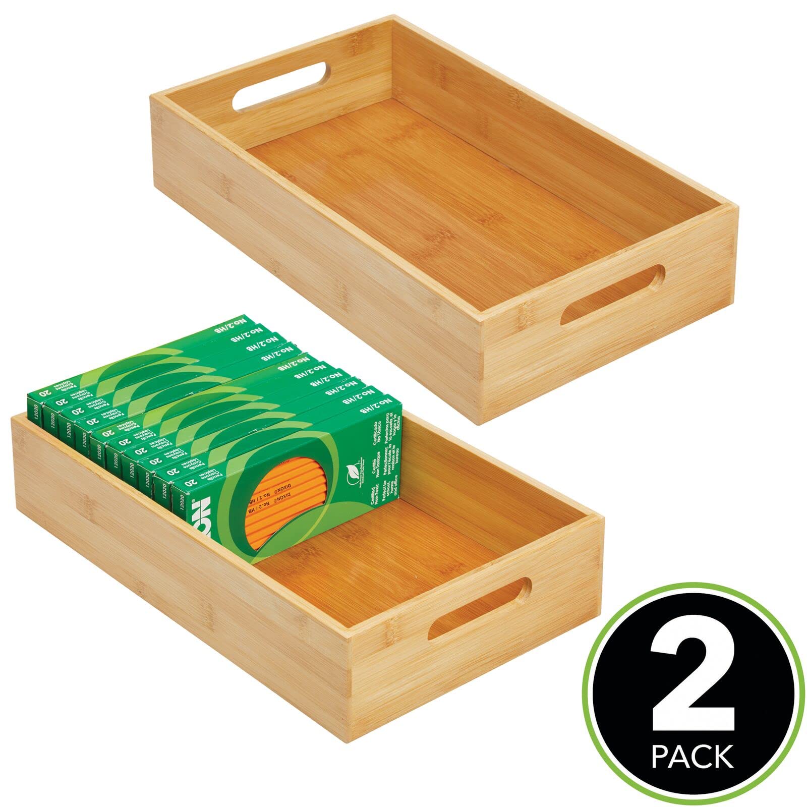 mDesign Slim Bamboo Office Desk Drawer Organizer Tray Bin with Handles - Eco-Friendly - Organizer for School Supplies, Pens, Pencils, Notepads, Staplers, Envelopes - 2 Pack - Natural Wood Finish
