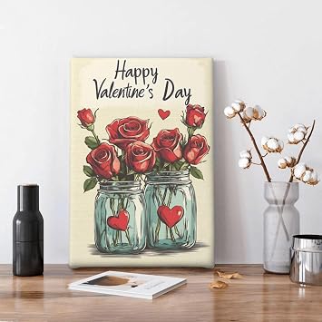 CSWMZQZY Valentines Day Rose Flower Hearts Canvas Wall Art,Valentine Day Couple Gifts,Rustic Retro Holiday Decor,Happy Valentines Day Pink Poster Painting Picture for Her Girlfriend,12"x18" Framed