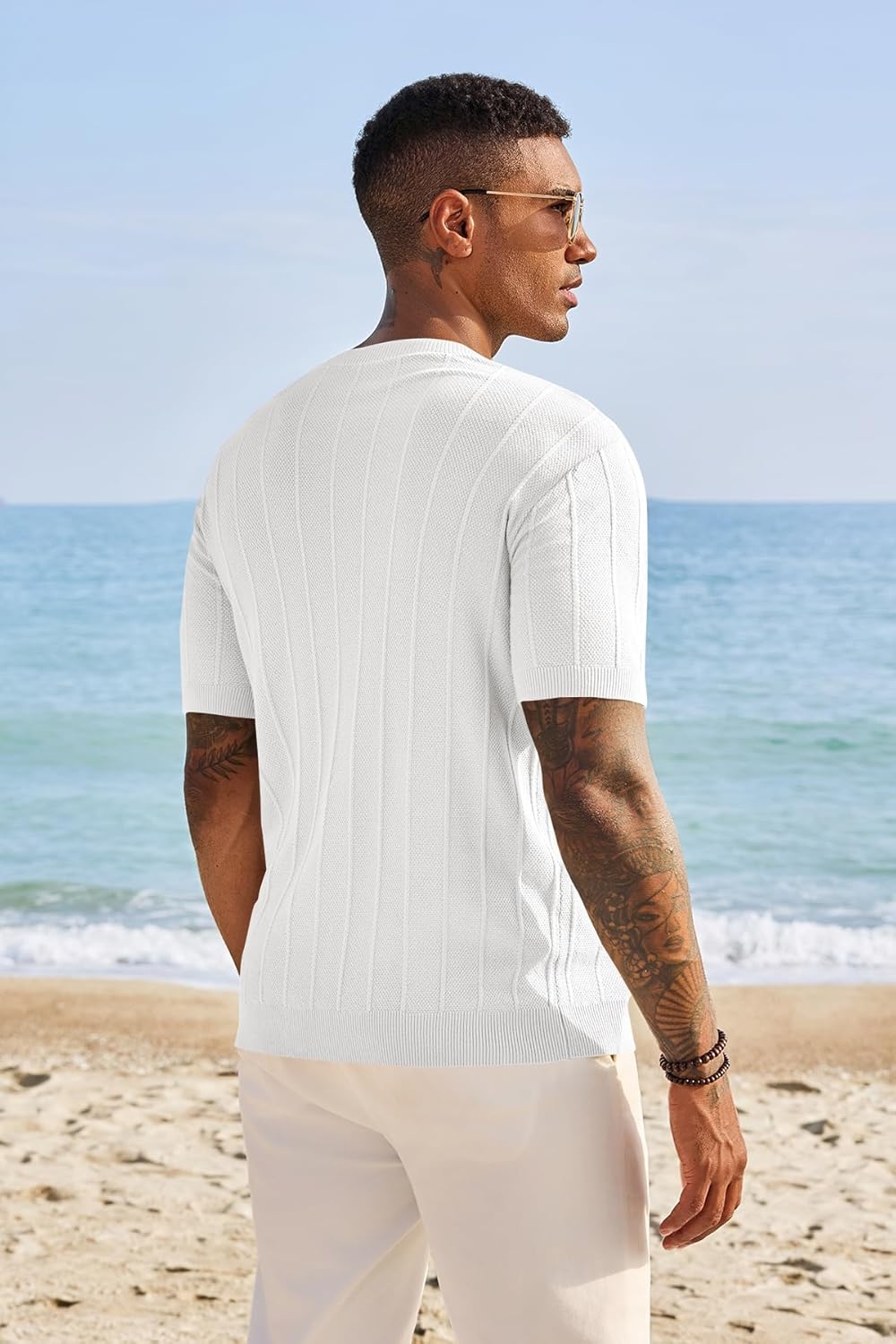 Runcati Mens Knit Short Sleeve T-Shirts Casual Crewneck Sweater Shirt Ribbed Textured Pullover Tees - Image 3